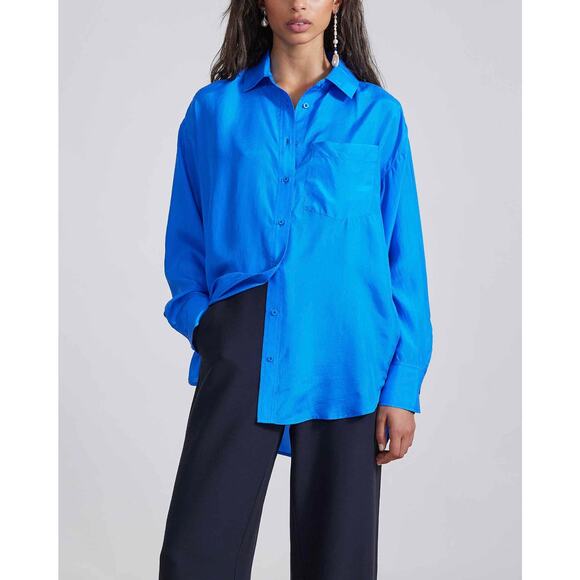 APIECE APART Oversize Button Down Shirt Womens Small Ceru Blue Silk Long Sleeve - Picture 1 of 16